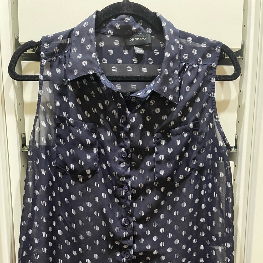 AB Studio navy blue button down sheer blouse